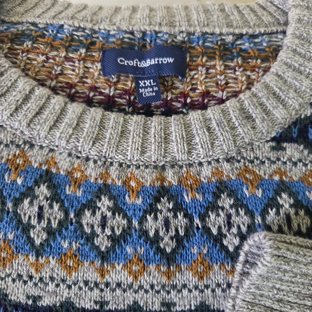 Croft & Barrow Men XXL Gray Blue Fair Isle Cotton Knit Crewneck Sweater Pullover